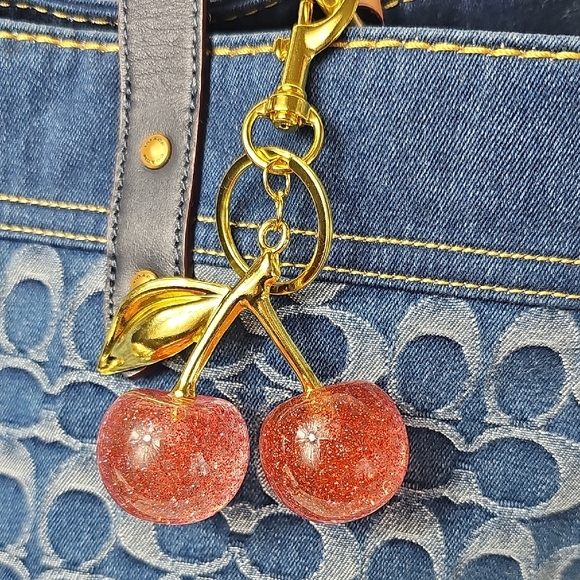 Fashion Pink Glitter Cherries Keyring/ Bag Charm - Picture 1 of 8
